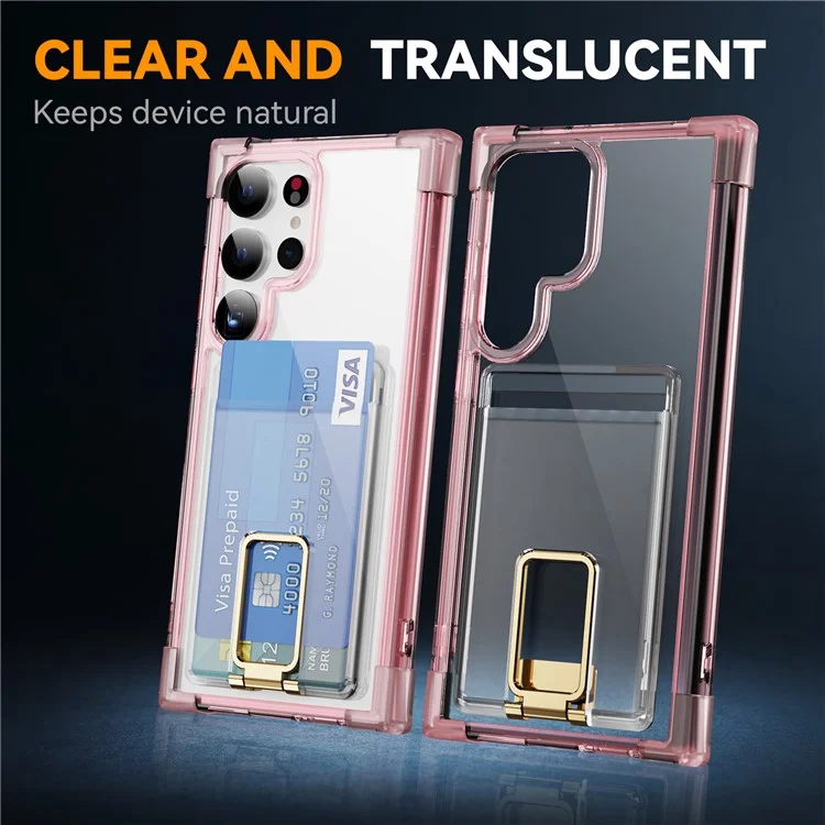 For Samsung Galaxy S24 Ultra Case Reinforced Corners TPU + Acrylic Phone Cover with Kickstand Card Holder - Transparent Pink