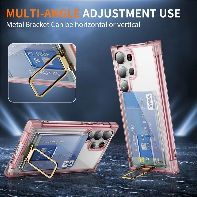 For Samsung Galaxy S24 Ultra Case Reinforced Corners TPU + Acrylic Phone Cover with Kickstand Card Holder - Transparent Pink