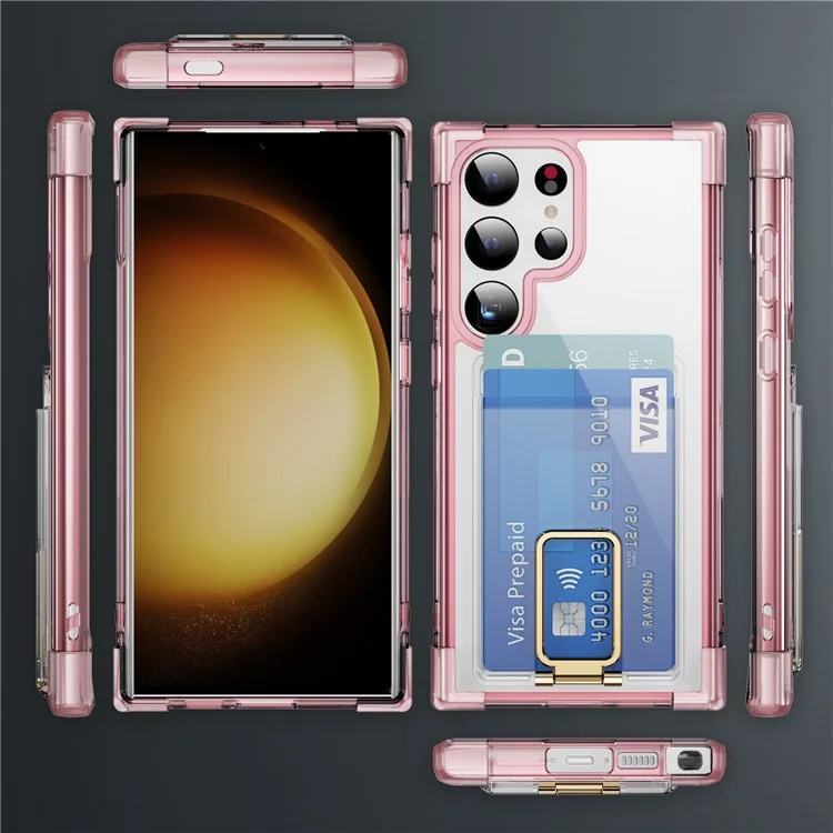 For Samsung Galaxy S24 Ultra Case Reinforced Corners TPU + Acrylic Phone Cover with Kickstand Card Holder - Transparent Pink