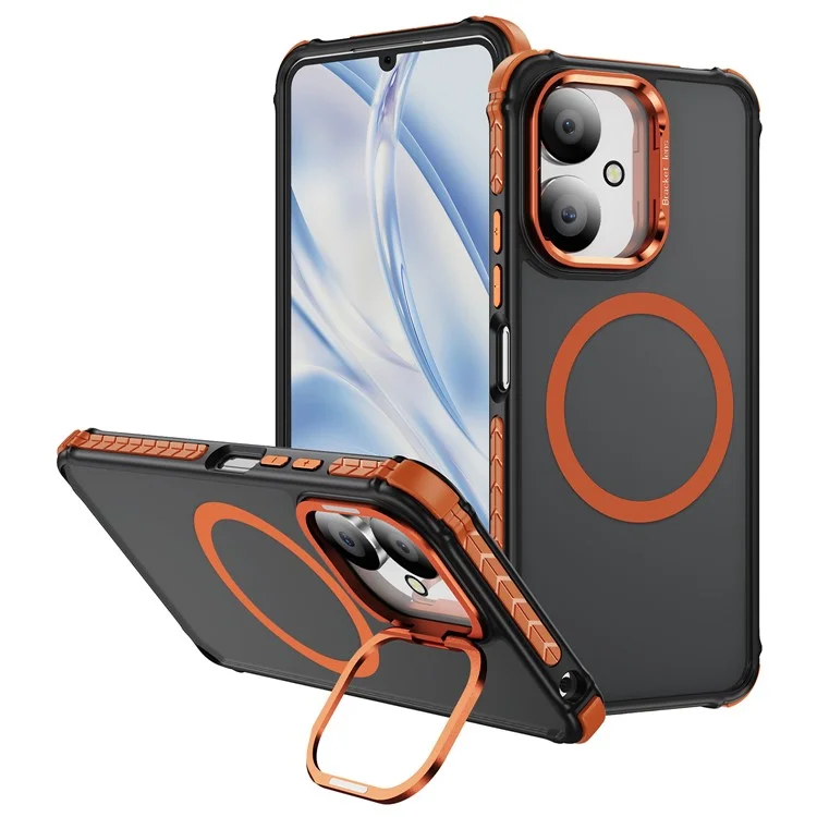Capa de Telefone Fosca para Xiaomi Redmi 13C 5G / 13C 4G / 13R 5G / Poco M6 5G Capa Magnética com Suporte de Lente - Laranja