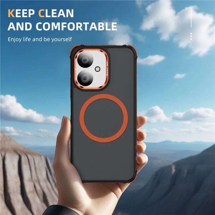 Capa de Telefone Fosca para Xiaomi Redmi 13C 5G / 13C 4G / 13R 5G / Poco M6 5G Capa Magnética com Suporte de Lente - Laranja