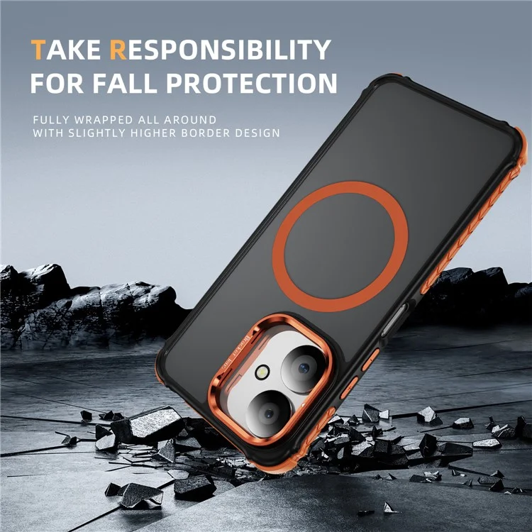 Capa de Telefone Fosca para Xiaomi Redmi 13C 5G / 13C 4G / 13R 5G / Poco M6 5G Capa Magnética com Suporte de Lente - Laranja