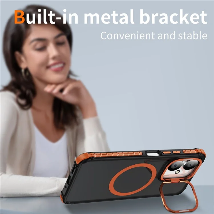 Capa de Telefone Fosca para Xiaomi Redmi 13C 5G / 13C 4G / 13R 5G / Poco M6 5G Capa Magnética com Suporte de Lente - Laranja