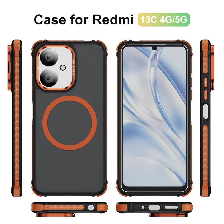 Capa de Telefone Fosca para Xiaomi Redmi 13C 5G / 13C 4G / 13R 5G / Poco M6 5G Capa Magnética com Suporte de Lente - Laranja