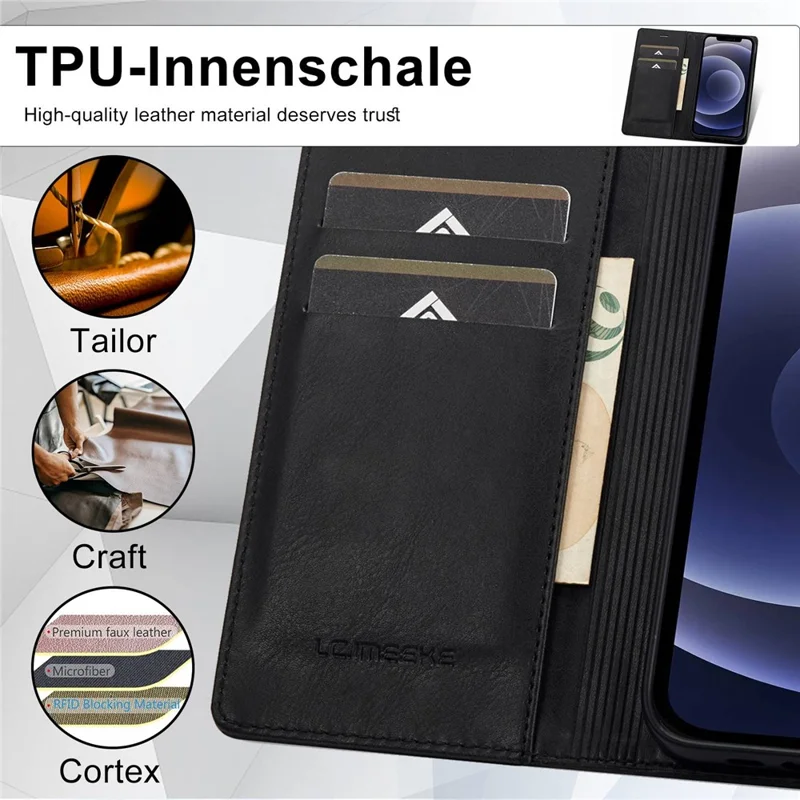 LC.IMEEKE For iPhone 11 6.1 inch RFID Blocking Cell Phone Case PU Leather Wallet Stand Magnetic Auto-absorbed Protective Phone Cover - Black