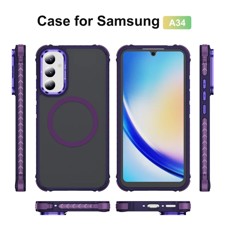 For Samsung Galaxy A34 5G Case with Lens Kickstand Matte Phone Back Cover Compatible with MagSafe - Purple