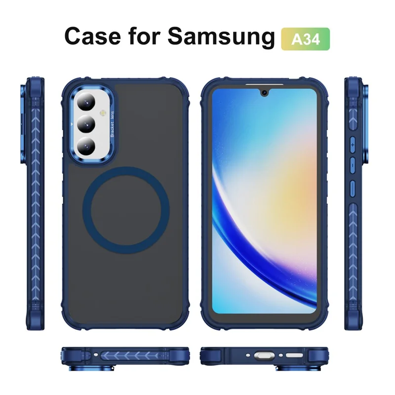 For Samsung Galaxy A34 5G Case with Lens Kickstand Matte Phone Back Cover Magnetic Case - Blue