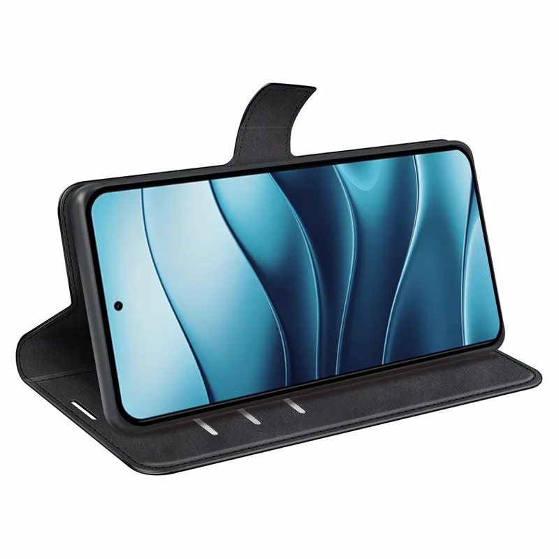 For Xiaomi Redmi Note 14 4G (163.25mm) Stand Case Anti-Scratch Calf Texture Leather Phone Cover - Black