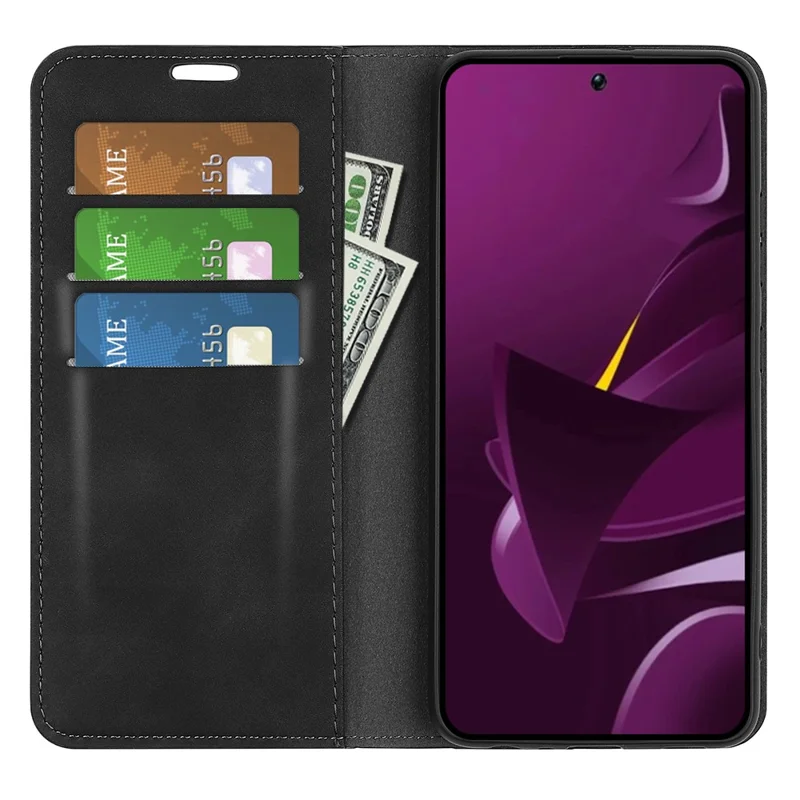 غطاء جلد مقاوم للانزلاق لهاتف Xiaomi Poco M7 Pro 5G، غطاء محفظة من الجلد الصناعي - أسود