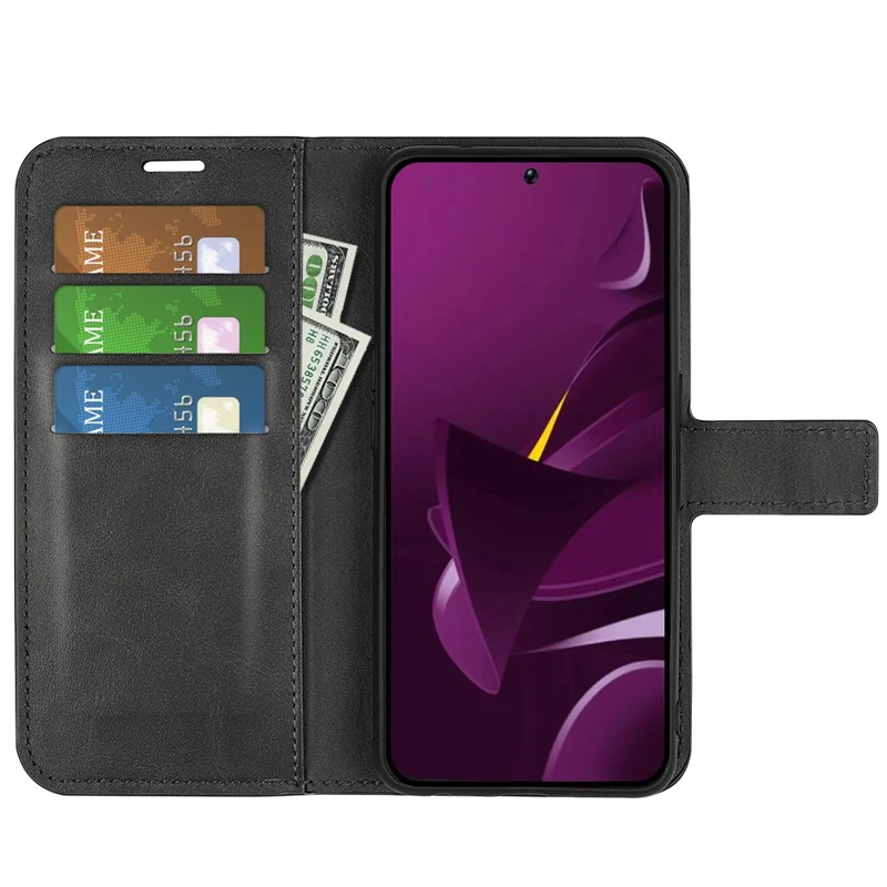 For Xiaomi Poco M7 Pro 5G Stand Case Anti-Scratch Calf Texture Leather Phone Cover - Black