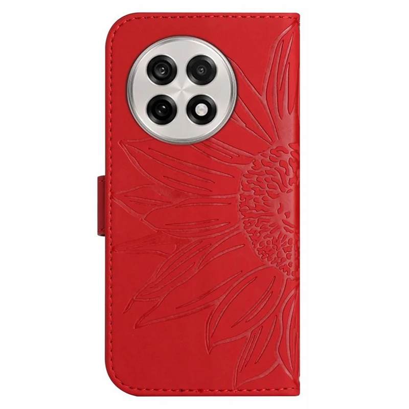 For OnePlus 13 Case Sunflower Imprint PU Leather Phone Cover with Long Strap - Red