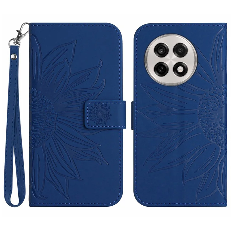 For OnePlus 13 Case Sunflower Imprint Leather Wallet Phone Cover with Wrist Strap - Sapphire