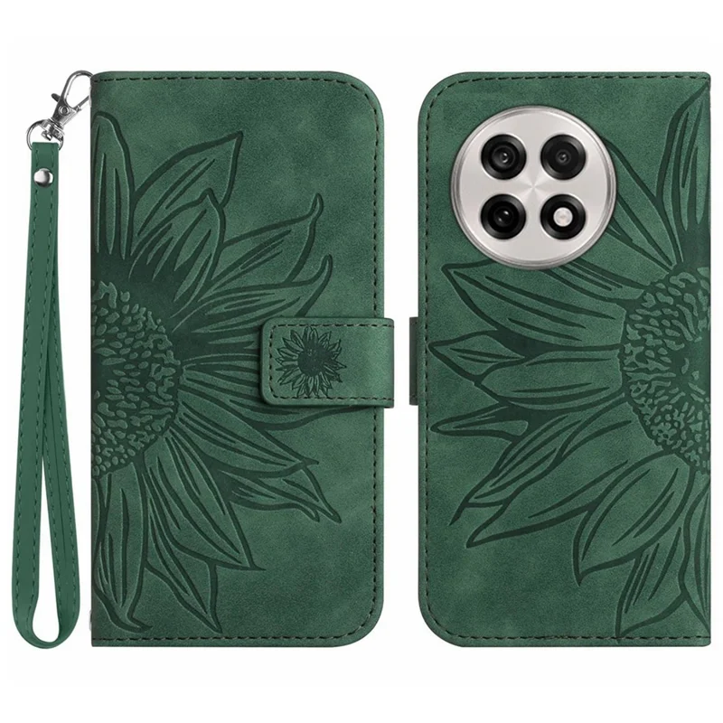 For OnePlus 13 Case Sunflower Imprint Leather Wallet Phone Cover with Wrist Strap - Dark Green