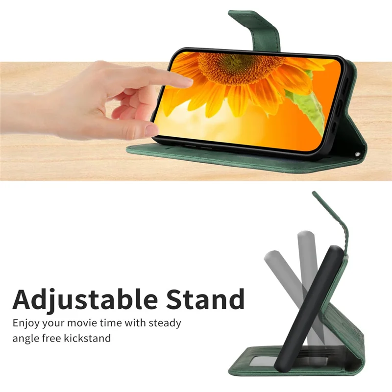 For OnePlus 13 Case Sunflower Imprint Leather Wallet Phone Cover with Wrist Strap - Dark Green