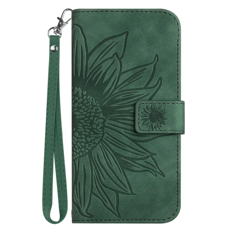 For OnePlus 13 Case Sunflower Imprint Leather Wallet Phone Cover with Wrist Strap - Dark Green