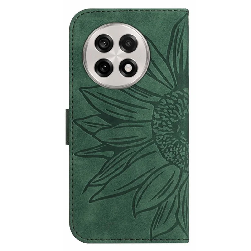 For OnePlus 13 Case Sunflower Imprint Leather Wallet Phone Cover with Wrist Strap - Dark Green