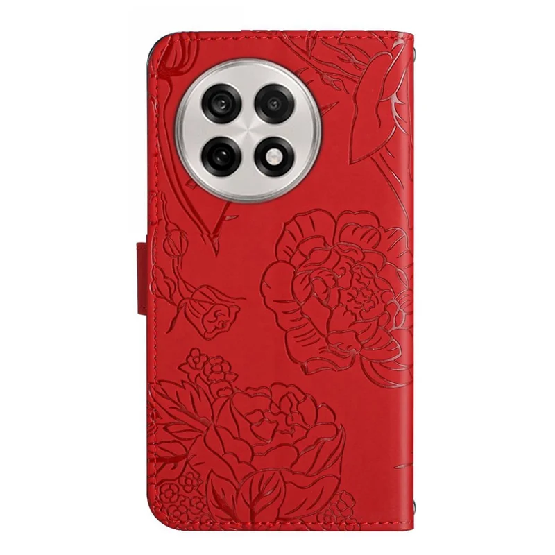 For OnePlus 13 Case Butterfly Flower Imprint Leather Phone Cover with Shoulder Strap - Red