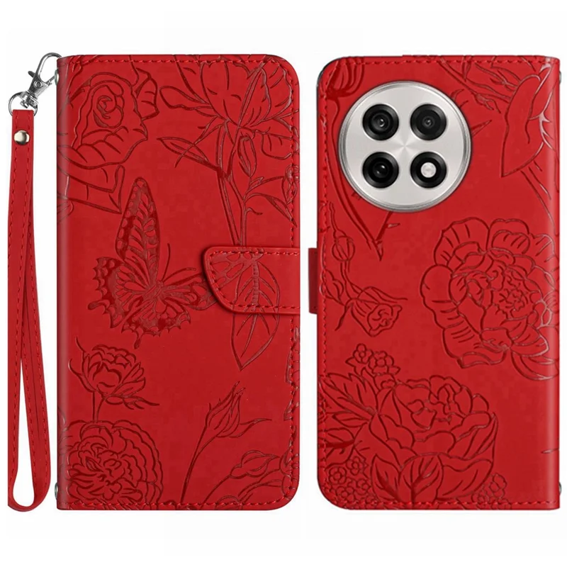 For OnePlus 13 Case Butterfly Flower Imprinted Leather Phone Cover with Strap - Red