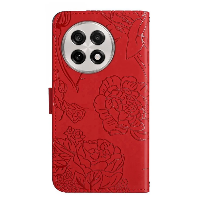 For OnePlus 13 Case Butterfly Flower Imprinted Leather Phone Cover with Strap - Red