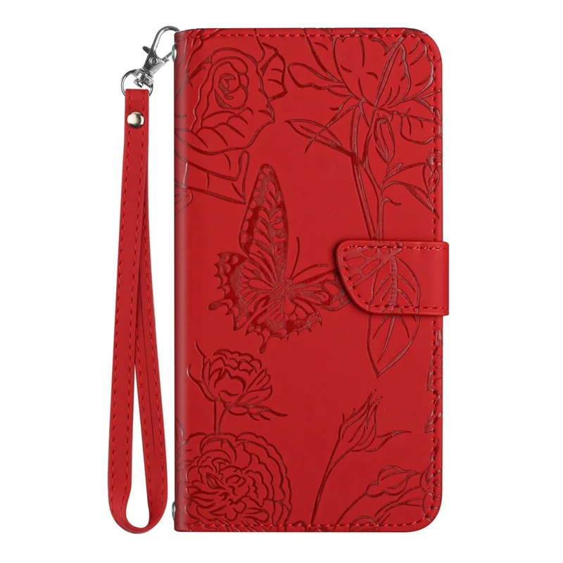 For OnePlus 13 Case Butterfly Flower Imprinted Leather Phone Cover with Strap - Red