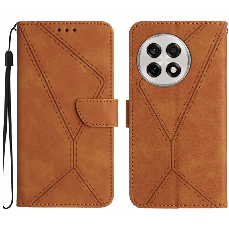 For OnePlus 13R 5G Case Skin Touch Lines Imprinted PU Leather Flip Phone Cover - Brown