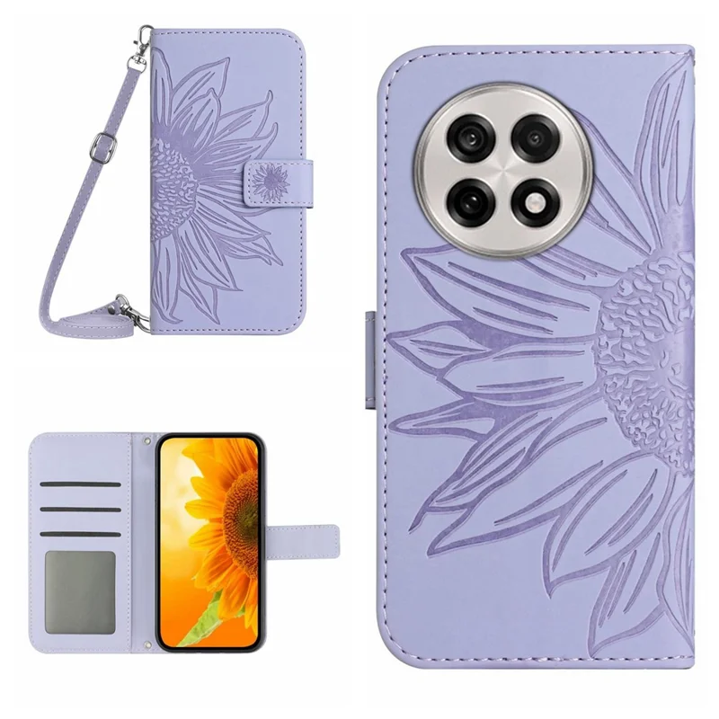 Funda de Cuero PU con Estampado de Girasol para OnePlus 13R 5G con Correa Larga - Morado Claro