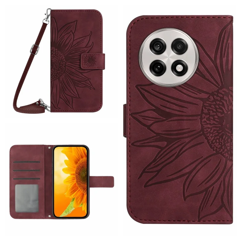 For OnePlus 13R 5G Case Sunflower Imprint PU Leather Phone Cover with Long Strap - Wine Red