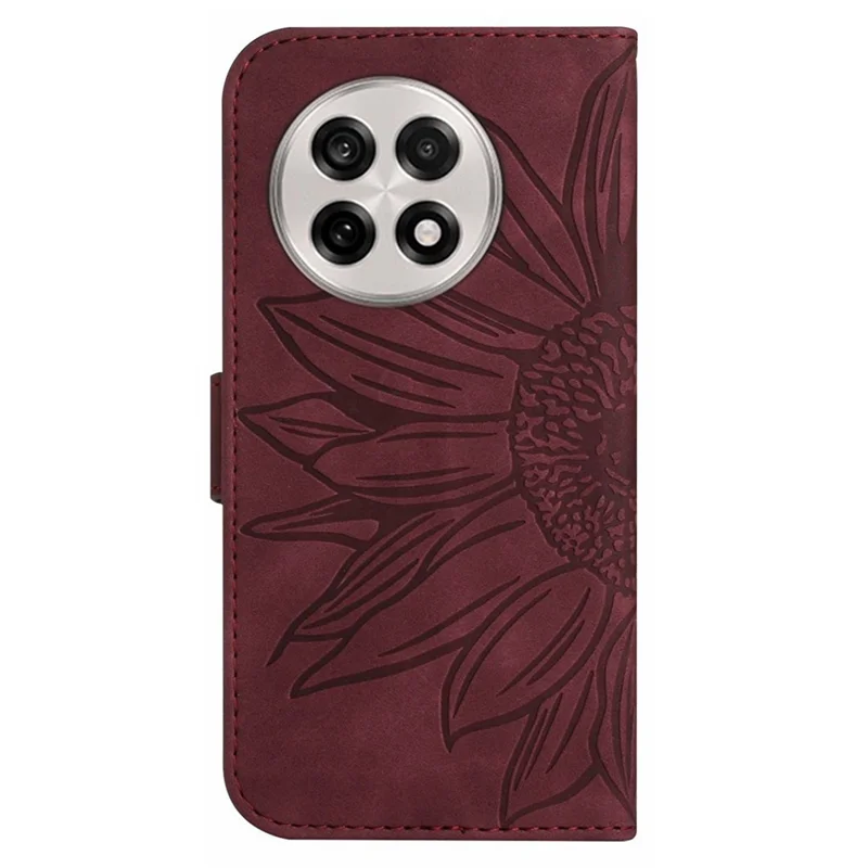 For OnePlus 13R 5G Case Sunflower Imprint PU Leather Phone Cover with Long Strap - Wine Red