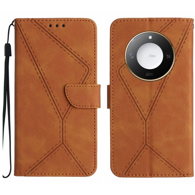 For Honor X9c Smart 5G Case Skin Touch Lines Imprinted PU Leather Flip Phone Cover - Brown