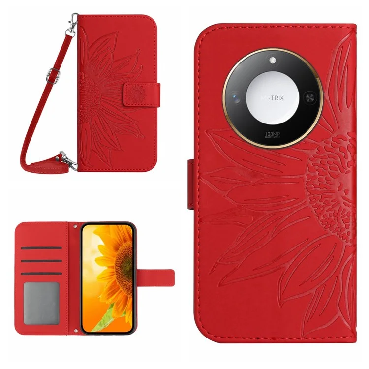 For Honor X9c Smart 5G Coque Tournesol Impression Cuir PU avec Longue Bandoulière - Rouge