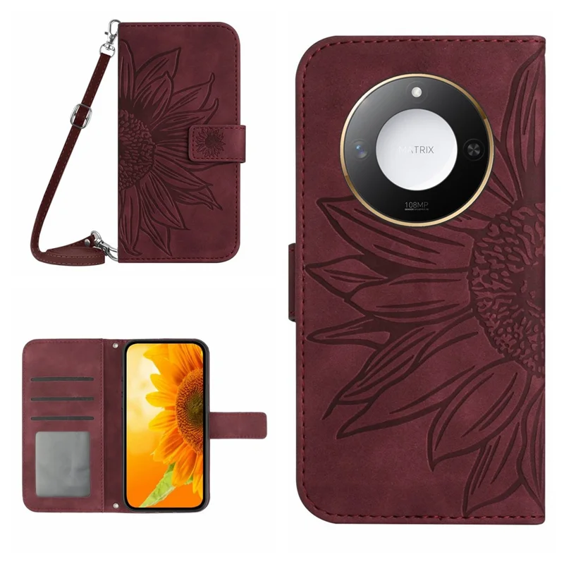 For Honor X9c Smart 5G Case Sunflower Imprint PU Leather Phone Cover with Long Strap - Wine Red