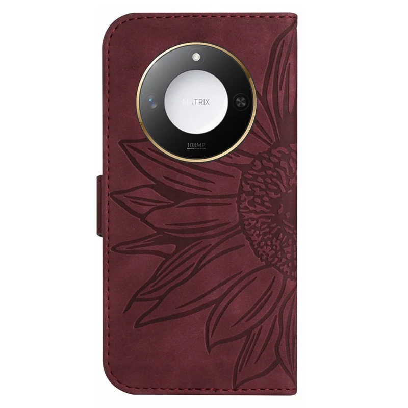 For Honor X9c Smart 5G Case Sunflower Imprint PU Leather Phone Cover with Long Strap - Wine Red