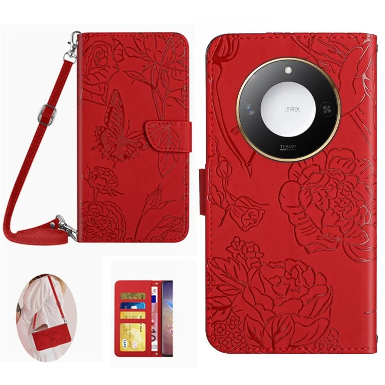 For Honor X9c Smart 5G Hülle Schmetterling Blume Prägung Leder Handyhülle mit Schulterriemen - Rot
