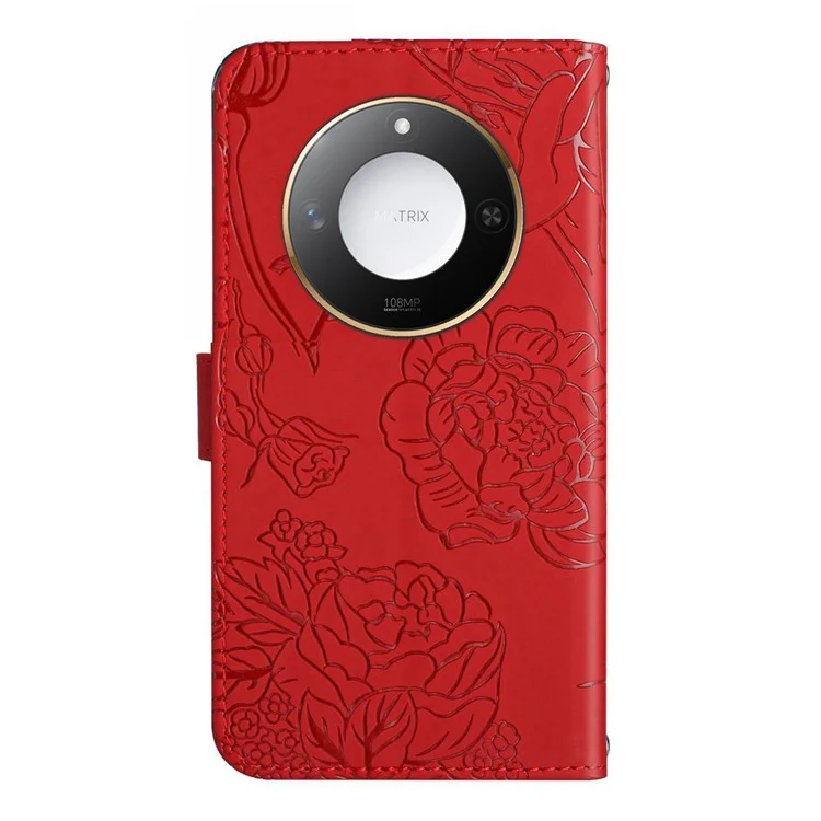 For Honor X9c Smart 5G Hülle Schmetterling Blume Prägung Leder Handyhülle mit Schulterriemen - Rot