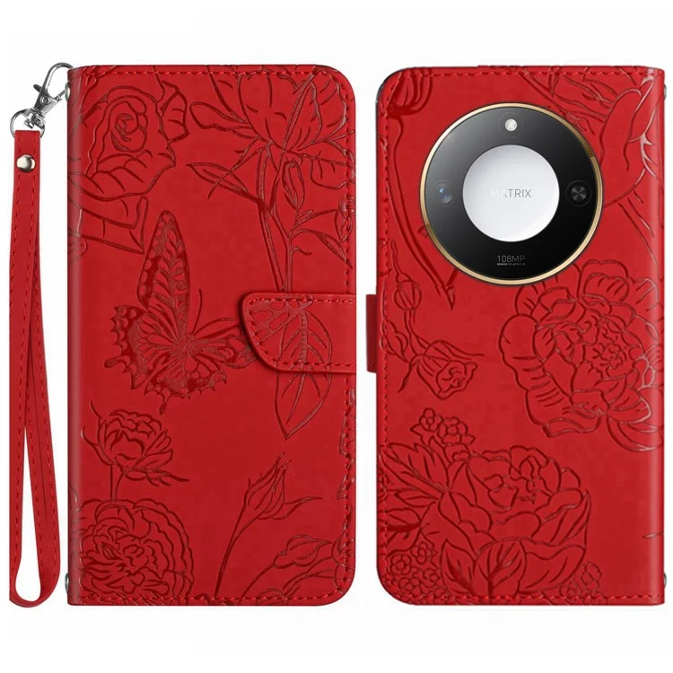 Cover per Honor X9c Smart 5G con Farfalle e Fiori Stampati in Pelle con Cinturino - Rosso