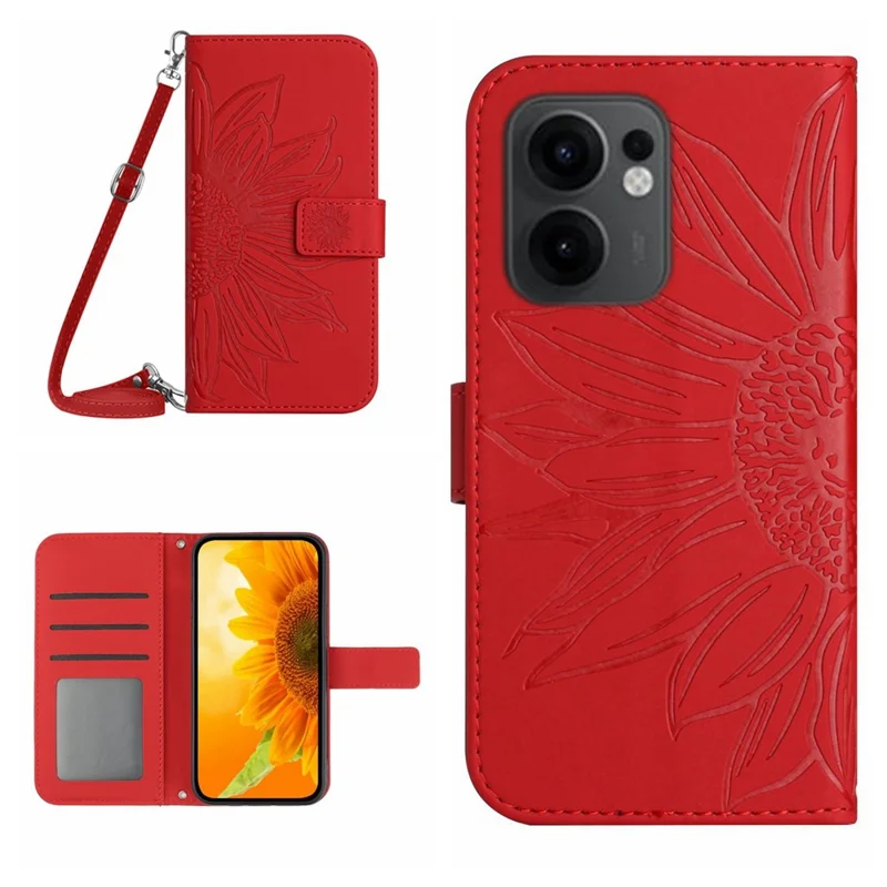For Oppo Reno13 F 5G (Reno 13 FS 5G) / 4G Case Sunflower Imprint PU Leather Phone Cover with Long Strap - Red