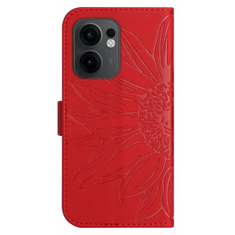 For Oppo Reno13 F 5G (Reno 13 FS 5G) / 4G Case Sunflower Imprint PU Leather Phone Cover with Long Strap - Red