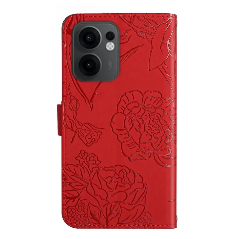 Pour Oppo Reno13 F 4G / 5G Étui Papillon Fleur Imprimé Cuir Housse de Téléphone avec Bandoulière - Rouge