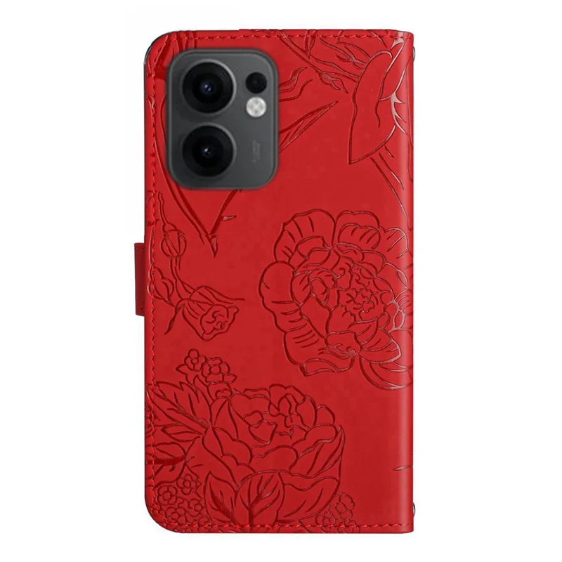 Für Oppo Reno13 F 4G / 5G Hülle Schmetterling Blume Geprägtes Leder Handyhülle mit Trageriemen - Rot