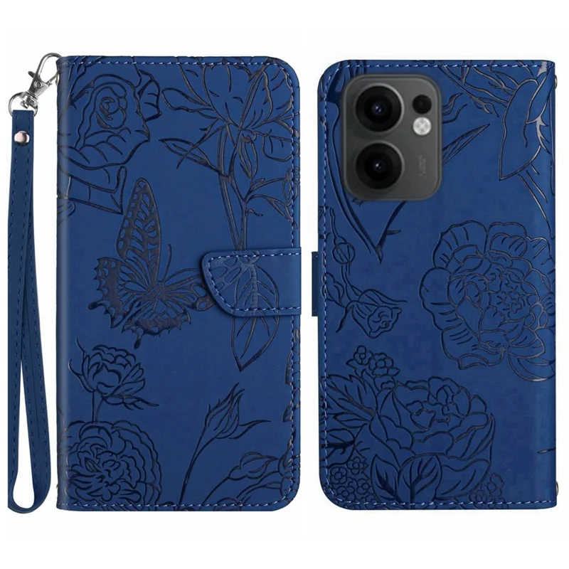 For Oppo Reno13 F 5G (Reno 13 FS 5G) / 4G Case Butterfly Flower Imprinted Leather Phone Cover with Strap - Blue