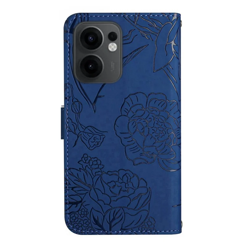 For Oppo Reno13 F 5G (Reno 13 FS 5G) / 4G Case Butterfly Flower Imprinted Leather Phone Cover with Strap - Blue