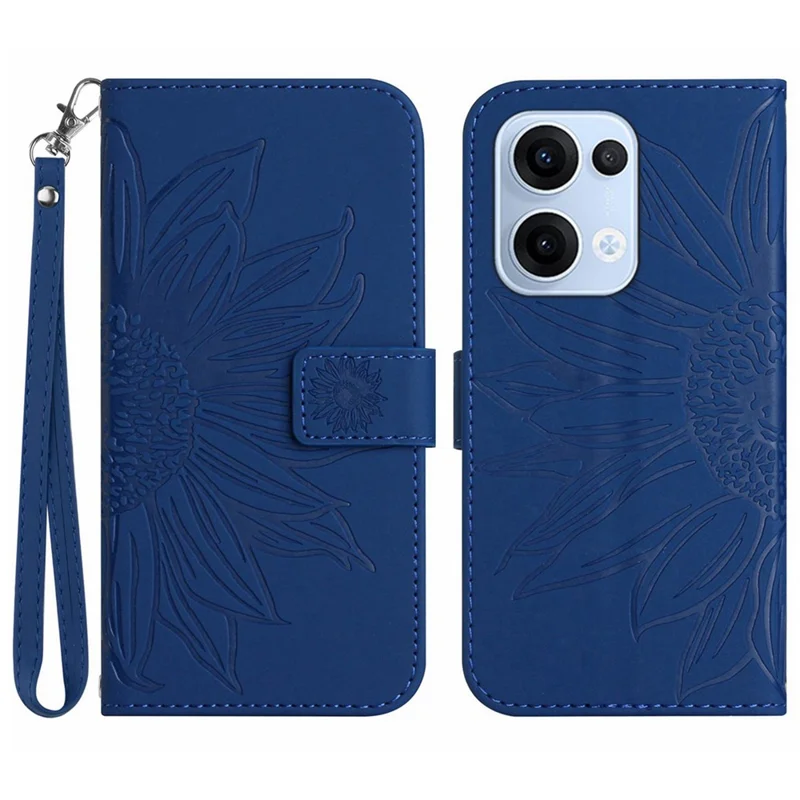 Für Oppo Reno13 5G (Global) Hülle Sonnenblumen-Prägung Leder Geldbörse Handyhülle mit Handschlaufe - Saphir