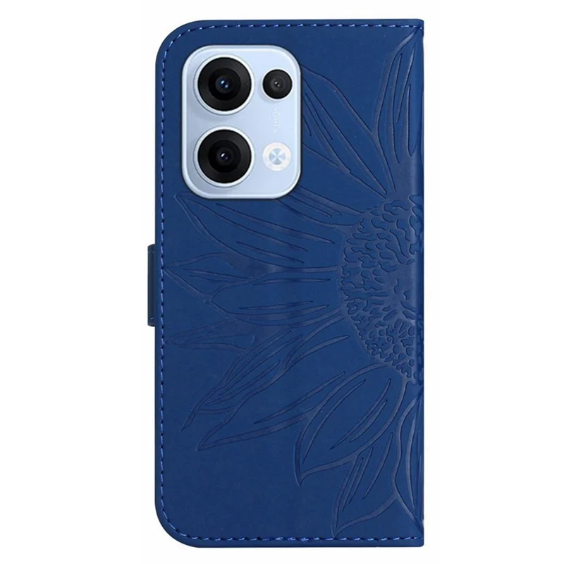 Für Oppo Reno13 5G (Global) Hülle Sonnenblumen-Prägung Leder Geldbörse Handyhülle mit Handschlaufe - Saphir