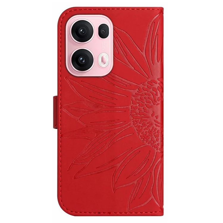 Pour Oppo Reno13 Pro 5G Étui Tournesol Imprimé Cuir PU Housse de Téléphone avec Lanière Longue - Rouge