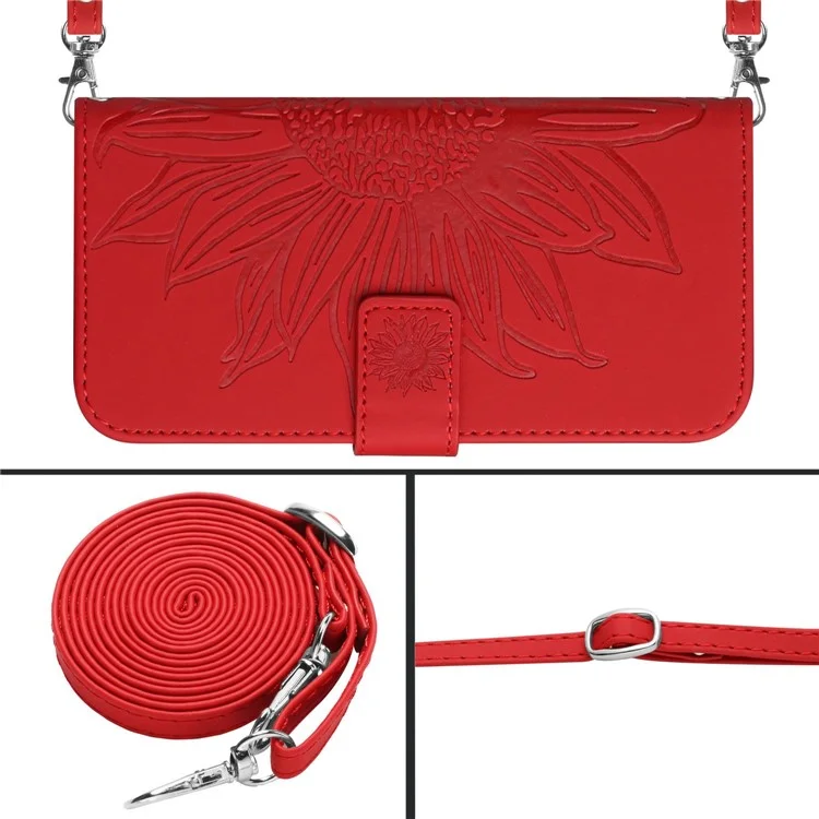 Pour Oppo Reno13 Pro 5G Étui Tournesol Imprimé Cuir PU Housse de Téléphone avec Lanière Longue - Rouge
