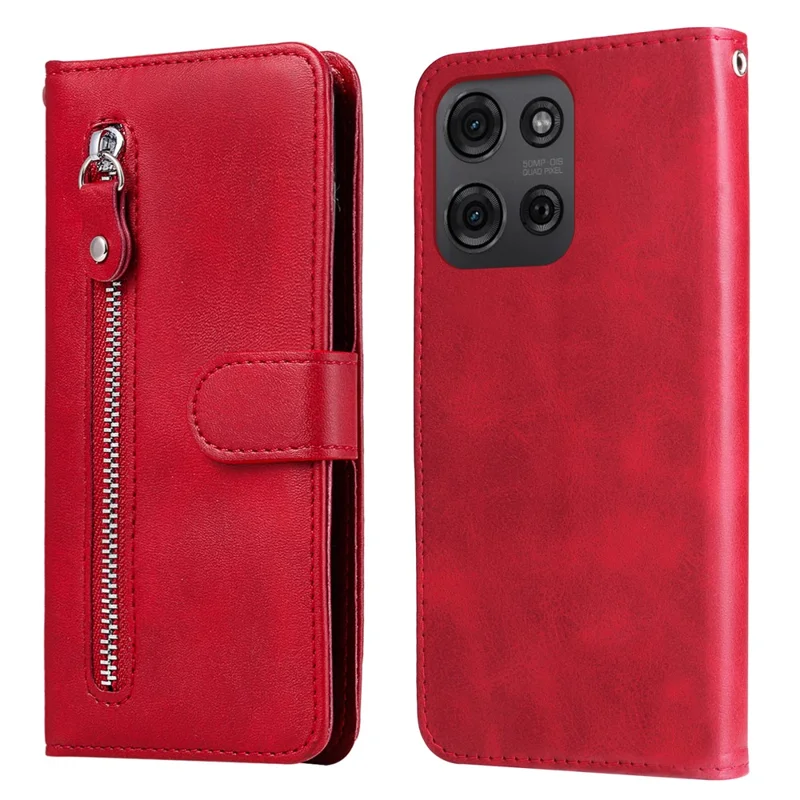 For Motorola Moto G75 5G Case Zipper Wallet Calf Texture PU Leather Phone Cover - Red
