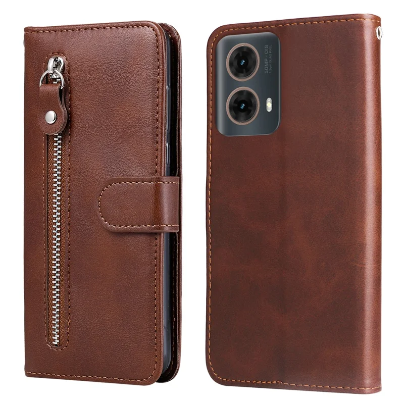 For Motorola Moto G85 5G / S50 Neo 5G Case Zipper Wallet Calf Texture PU Leather Phone Cover - Brown
