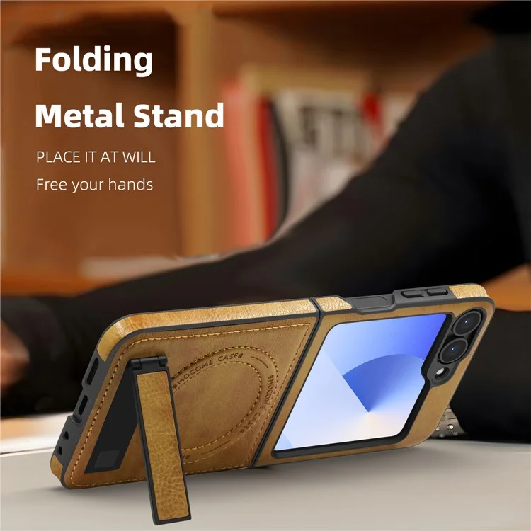 Funda Magnética de Cuero para Samsung Galaxy Z Flip6 5G con Soporte Plegable Compatible con MagSafe - Marrón