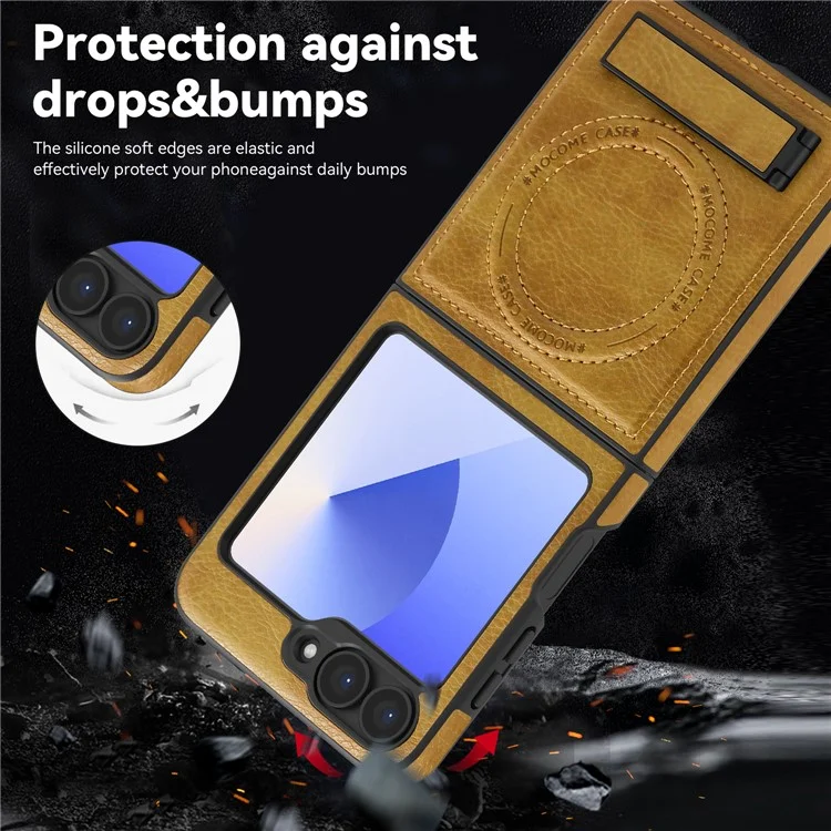 Funda Magnética de Cuero para Samsung Galaxy Z Flip6 5G con Soporte Plegable Compatible con MagSafe - Marrón