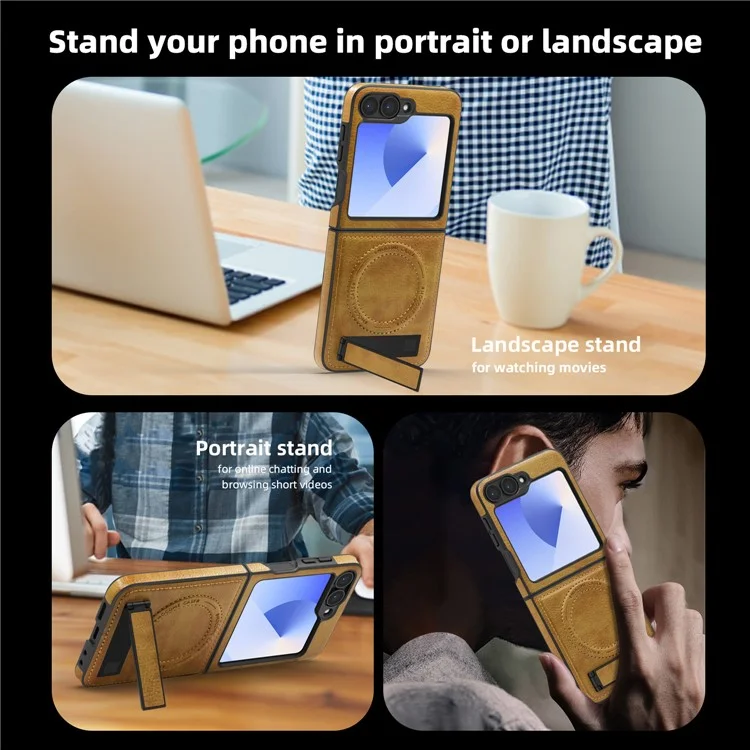 Funda Magnética de Cuero para Samsung Galaxy Z Flip6 5G con Soporte Plegable Compatible con MagSafe - Marrón